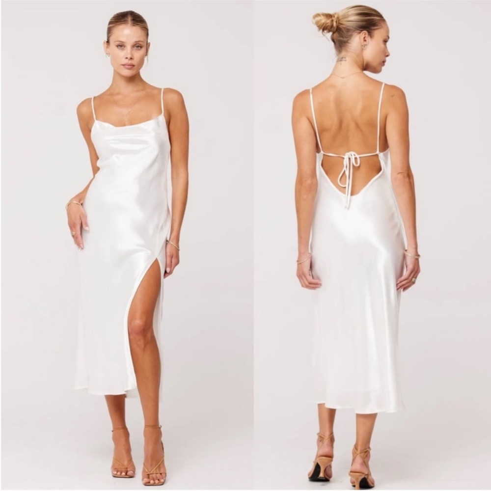 RESA White Satin Backless Slip Midi Dress with Side Slit